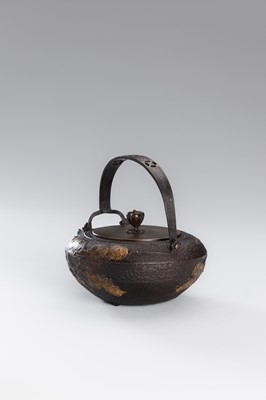 Lot 1 - A SILVER-INLAID IRON TETSUBIN (TEA KETTLE) WITH PINE BRANCHES