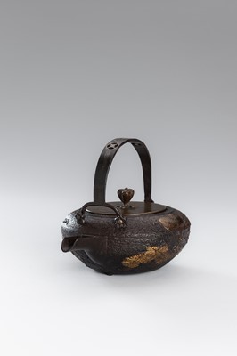 Lot 1 - A SILVER-INLAID IRON TETSUBIN (TEA KETTLE) WITH PINE BRANCHES