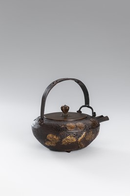 Lot 1 - A SILVER-INLAID IRON TETSUBIN (TEA KETTLE) WITH PINE BRANCHES