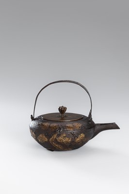 Lot 1 - A SILVER-INLAID IRON TETSUBIN (TEA KETTLE) WITH PINE BRANCHES