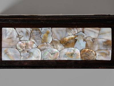 A CARVED MOTHER-OF-PEARL INLAID WOOD BOX AND COVER, 19TH CENTURY
