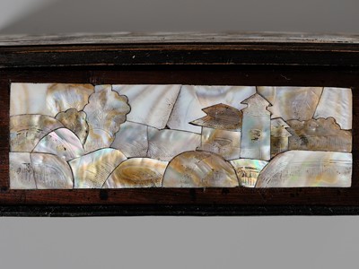 A CARVED MOTHER-OF-PEARL INLAID WOOD BOX AND COVER, 19TH CENTURY