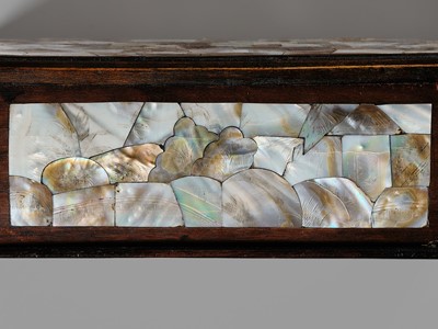 A CARVED MOTHER-OF-PEARL INLAID WOOD BOX AND COVER, 19TH CENTURY