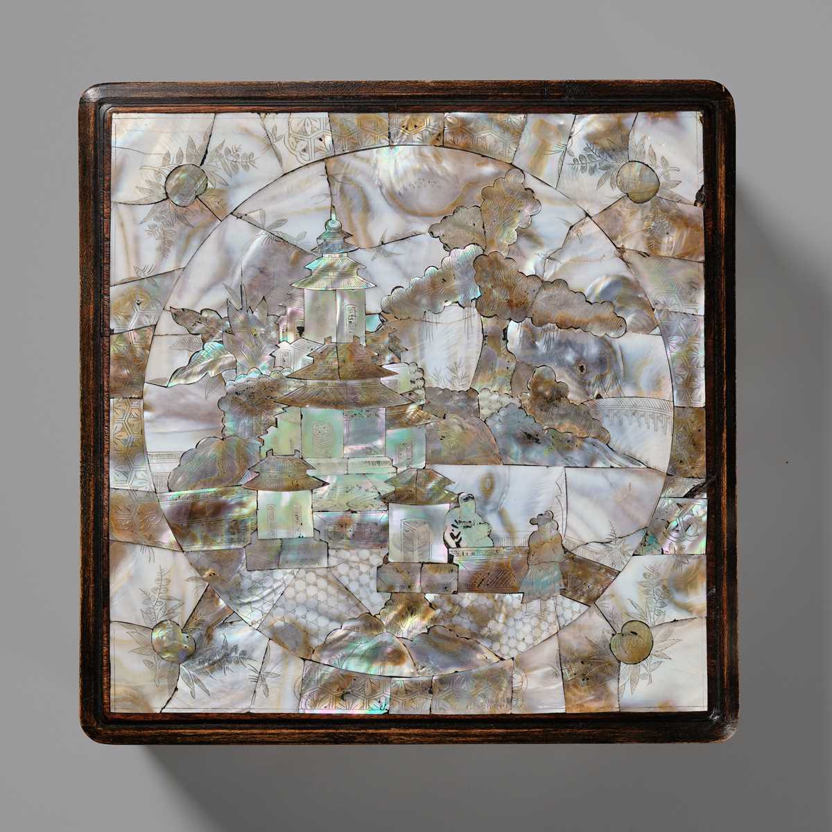 A CARVED MOTHER-OF-PEARL INLAID WOOD BOX AND COVER, 19TH CENTURY