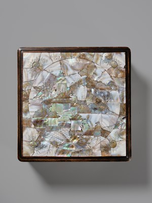 A CARVED MOTHER-OF-PEARL INLAID WOOD BOX AND COVER, 19TH CENTURY