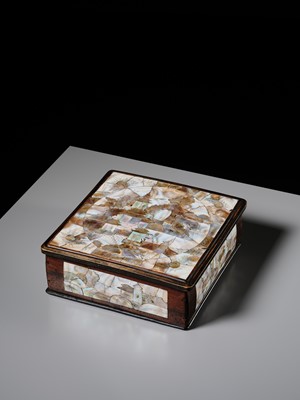 A CARVED MOTHER-OF-PEARL INLAID WOOD BOX AND COVER, 19TH CENTURY