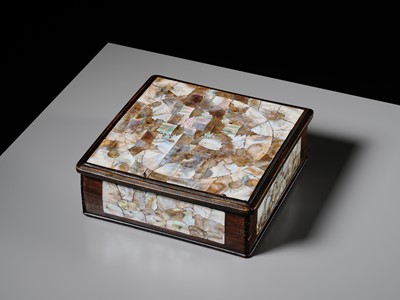 A CARVED MOTHER-OF-PEARL INLAID WOOD BOX AND COVER, 19TH CENTURY