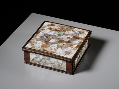 A CARVED MOTHER-OF-PEARL INLAID WOOD BOX AND COVER, 19TH CENTURY
