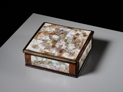 A CARVED MOTHER-OF-PEARL INLAID WOOD BOX AND COVER, 19TH CENTURY