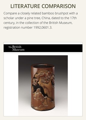 Lot 118 - A PIERCED BAMBOO ‘WANG QIAO FUXI (MISSING ONE SHOE)’ BRUSHPOT, BITONG, BY QIN ZHIYI, DATED 1655