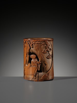 Lot 118 - A PIERCED BAMBOO ‘WANG QIAO FUXI (MISSING ONE SHOE)’ BRUSHPOT, BITONG, BY QIN ZHIYI, DATED 1655