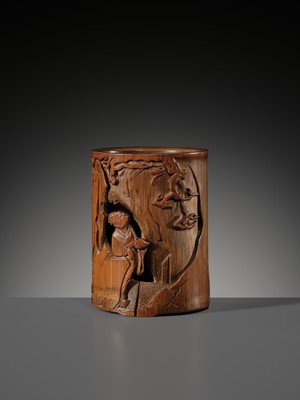 Lot 118 - A PIERCED BAMBOO ‘WANG QIAO FUXI (MISSING ONE SHOE)’ BRUSHPOT, BITONG, BY QIN ZHIYI, DATED 1655