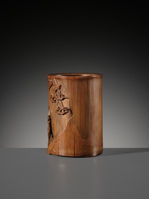 Lot 118 - A PIERCED BAMBOO ‘WANG QIAO FUXI (MISSING ONE SHOE)’ BRUSHPOT, BITONG, BY QIN ZHIYI, DATED 1655