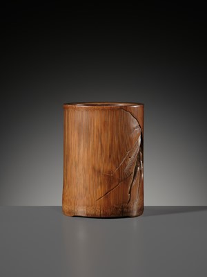 Lot 118 - A PIERCED BAMBOO ‘WANG QIAO FUXI (MISSING ONE SHOE)’ BRUSHPOT, BITONG, BY QIN ZHIYI, DATED 1655