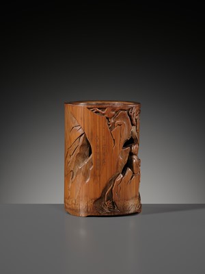 Lot 118 - A PIERCED BAMBOO ‘WANG QIAO FUXI (MISSING ONE SHOE)’ BRUSHPOT, BITONG, BY QIN ZHIYI, DATED 1655