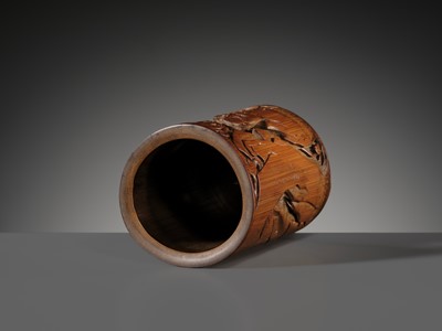 Lot 118 - A PIERCED BAMBOO ‘WANG QIAO FUXI (MISSING ONE SHOE)’ BRUSHPOT, BITONG, BY QIN ZHIYI, DATED 1655