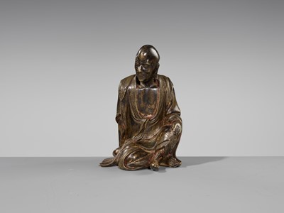 Lot 55 - A RARE BRONZE FIGURE OF A LUOHAN, YUAN-MING DYNASTY