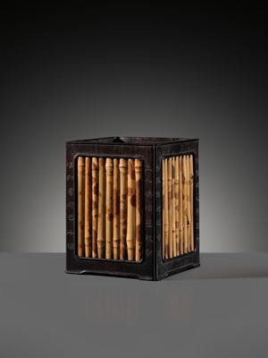 A RARE INSCRIBED ZITAN AND SPOTTED BAMBOO SQUARE BRUSHPOT, BITONG, 18TH-19TH CENTURY