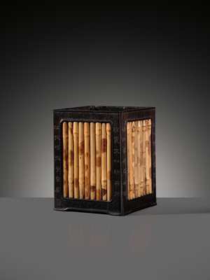 A RARE INSCRIBED ZITAN AND SPOTTED BAMBOO SQUARE BRUSHPOT, BITONG, 18TH-19TH CENTURY