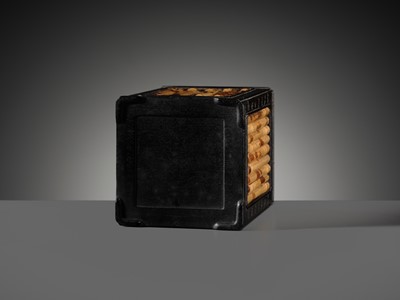 A RARE INSCRIBED ZITAN AND SPOTTED BAMBOO SQUARE BRUSHPOT, BITONG, 18TH-19TH CENTURY