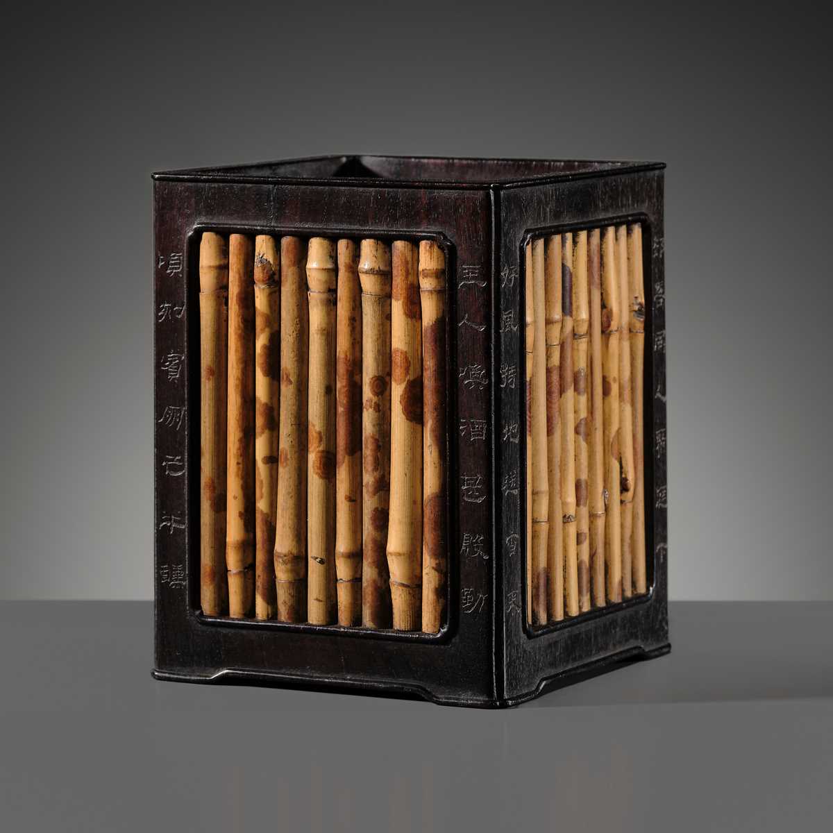 A RARE INSCRIBED ZITAN AND SPOTTED BAMBOO SQUARE BRUSHPOT, BITONG, 18TH-19TH CENTURY