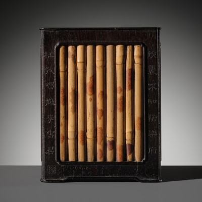 A RARE INSCRIBED ZITAN AND SPOTTED BAMBOO SQUARE BRUSHPOT, BITONG, 18TH-19TH CENTURY