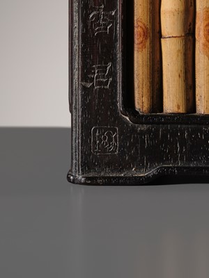 A RARE INSCRIBED ZITAN AND SPOTTED BAMBOO SQUARE BRUSHPOT, BITONG, 18TH-19TH CENTURY