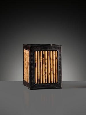 A RARE INSCRIBED ZITAN AND SPOTTED BAMBOO SQUARE BRUSHPOT, BITONG, 18TH-19TH CENTURY