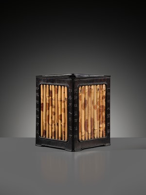 A RARE INSCRIBED ZITAN AND SPOTTED BAMBOO SQUARE BRUSHPOT, BITONG, 18TH-19TH CENTURY