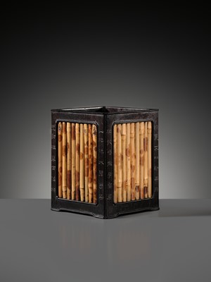A RARE INSCRIBED ZITAN AND SPOTTED BAMBOO SQUARE BRUSHPOT, BITONG, 18TH-19TH CENTURY