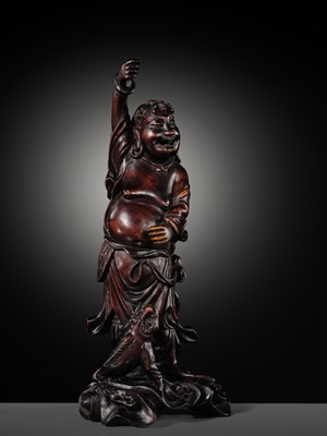 A CARVED WOOD FIGURE OF LIU HAI AND HIS THREE-LEGGED TOAD, LATE QING DYNASTY TO REPUBLIC PERIOD