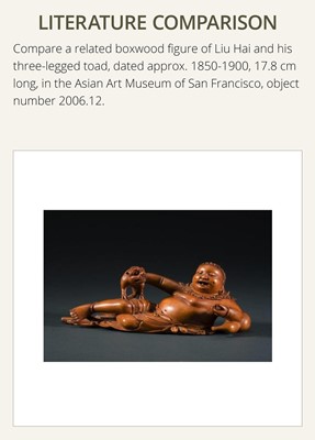 A CARVED WOOD FIGURE OF LIU HAI AND HIS THREE-LEGGED TOAD, LATE QING DYNASTY TO REPUBLIC PERIOD