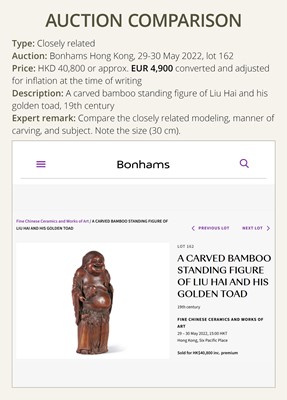 A CARVED WOOD FIGURE OF LIU HAI AND HIS THREE-LEGGED TOAD, LATE QING DYNASTY TO REPUBLIC PERIOD
