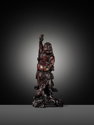 A CARVED WOOD FIGURE OF LIU HAI AND HIS THREE-LEGGED TOAD, LATE QING DYNASTY TO REPUBLIC PERIOD