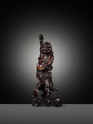 A CARVED WOOD FIGURE OF LIU HAI AND HIS THREE-LEGGED TOAD, LATE QING DYNASTY TO REPUBLIC PERIOD