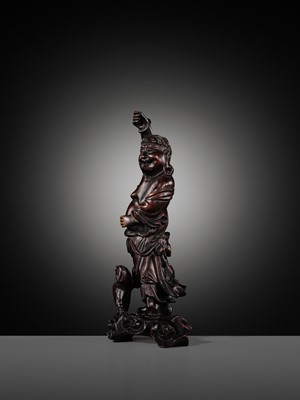 A CARVED WOOD FIGURE OF LIU HAI AND HIS THREE-LEGGED TOAD, LATE QING DYNASTY TO REPUBLIC PERIOD