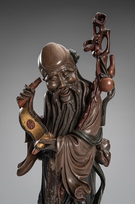 Lot 861 - A FUZHOU LACQUERED WOOD FIGURE OF SHOULAO, REPUBLIC PERIOD