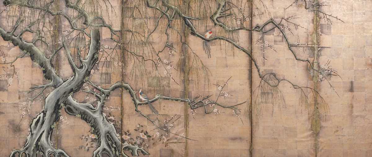 Lot 9 - A FINE RINPA SCHOOL SIX-PANEL BYOBU (FOLDING SCREEN) DEPICTING A WEEPING JAPANESE APRICOT TREE