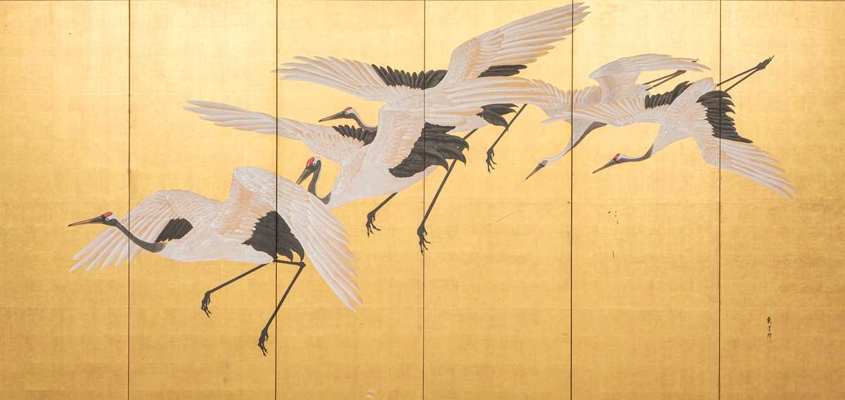 Lot 6 - KUSANO RYÛUN: A SIX-PANEL BYOBU (FOLDING SCREEN) DEPICTING FLYING CRANES