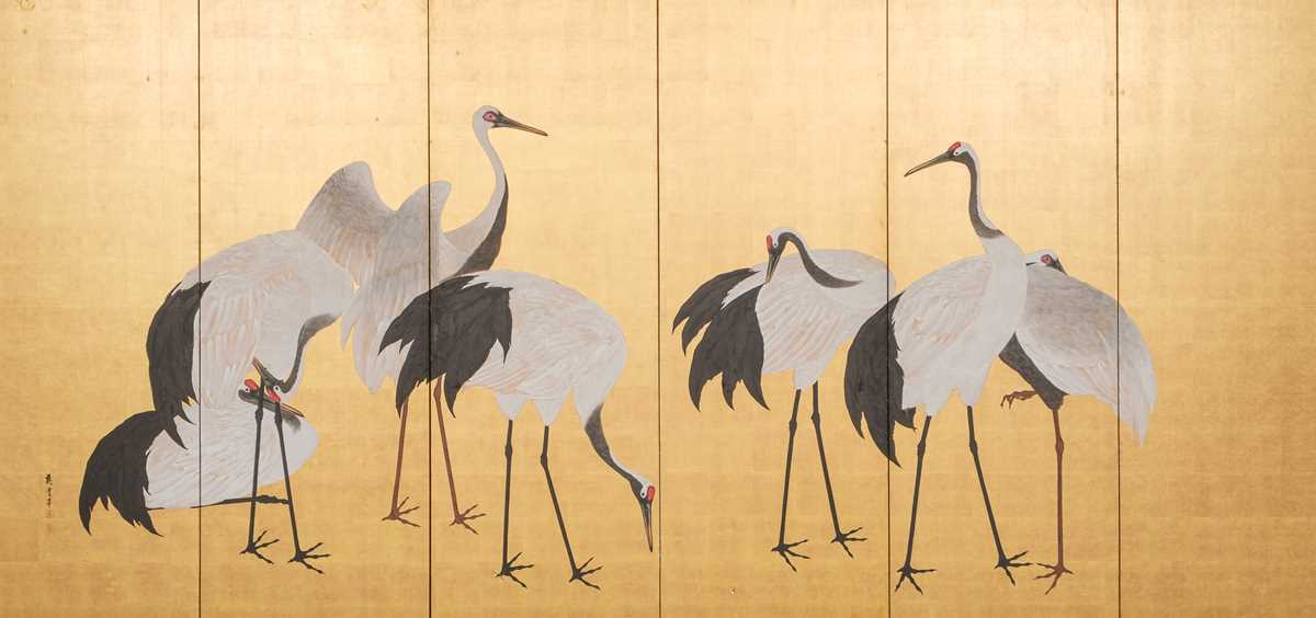 Lot 7 - KUSANO RYÛUN: A SIX-PANEL BYOBU (FOLDING SCREEN) DEPICTING A GATHERING OF CRANES