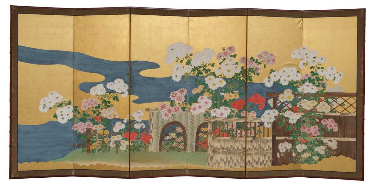 Lot 18 - AN IMPRESSIVE SIX-PANEL BYOBU (FOLDING SCREEN) DEPICTING A CHRYSANTHEMUM GARDEN