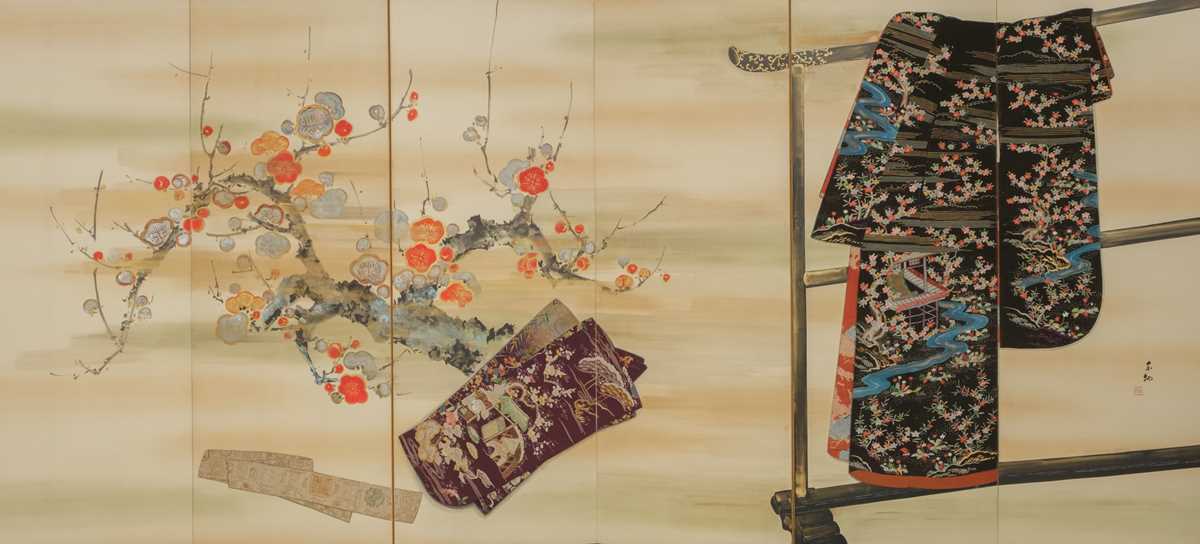 Lot 32 - TOYO: AN EMBROIDERED SIX-PANEL BYOBU WITH THE TAGASODE (‘WHOSE SLEEVES?’) MOTIF AND PLUM BLOSSOMS