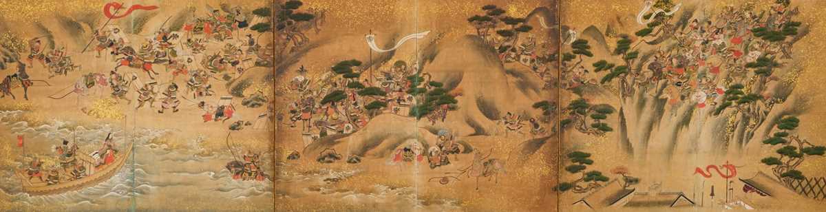 Lot 13 - A SIX-PANEL BYOBU (FOLDING SCREEN) DEPICTING A SAMURAI BATTLE