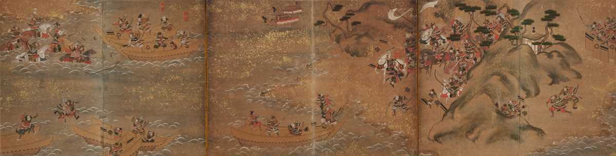 Lot 14 - A SIX-PANEL BYOBU (FOLDING SCREEN) DEPICTING A SAMURAI BATTLE