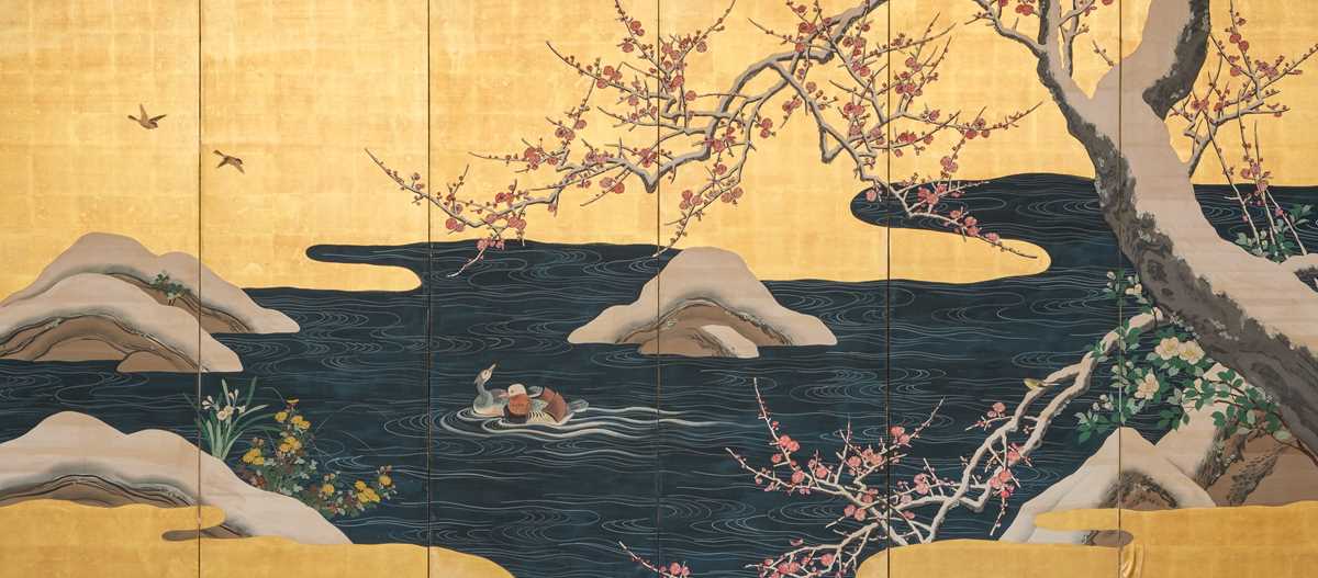 Lot 1 - A FINE KANÔ SCHOOL SIX-PANEL BYOBU (FOLDING SCREEN) DEPICTING A WINTER LANDSCAPE