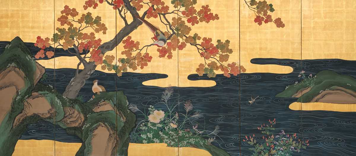 Lot 2 - A FINE KANÔ SCHOOL SIX-PANEL BYOBU (FOLDING SCREEN) DEPICTING AN AUTUMN LANDSCAPE