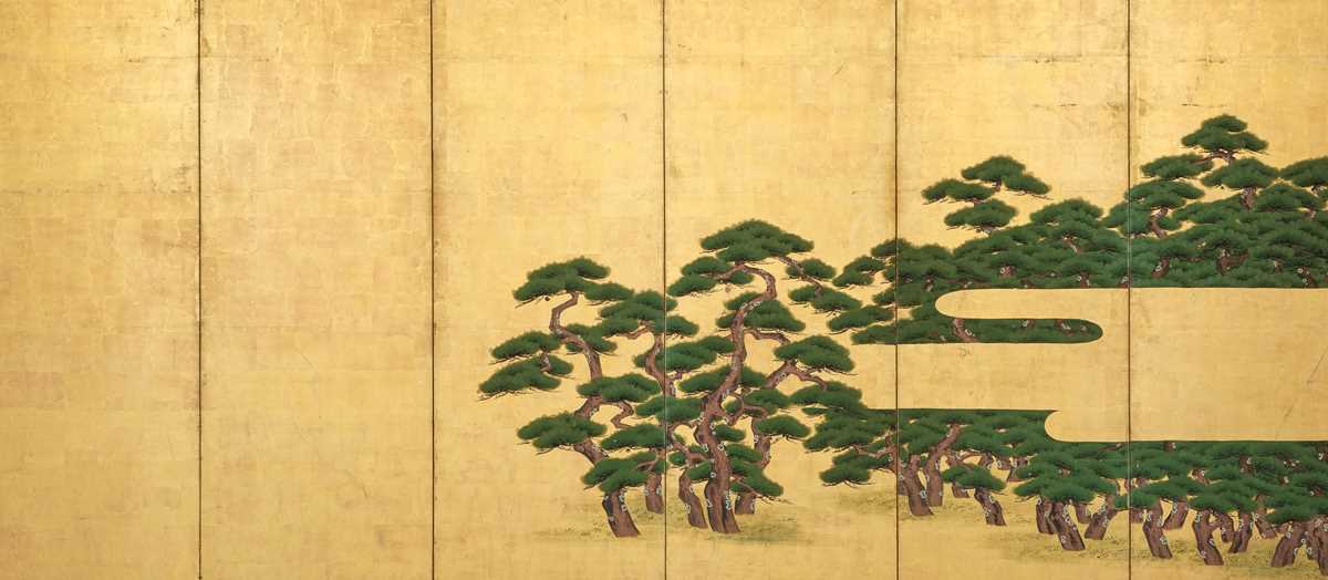 Lot 5 - A KANÔ SCHOOL SIX-PANEL BYOBU (FOLDING SCREEN) DEPICTING A PINE TREE FOREST