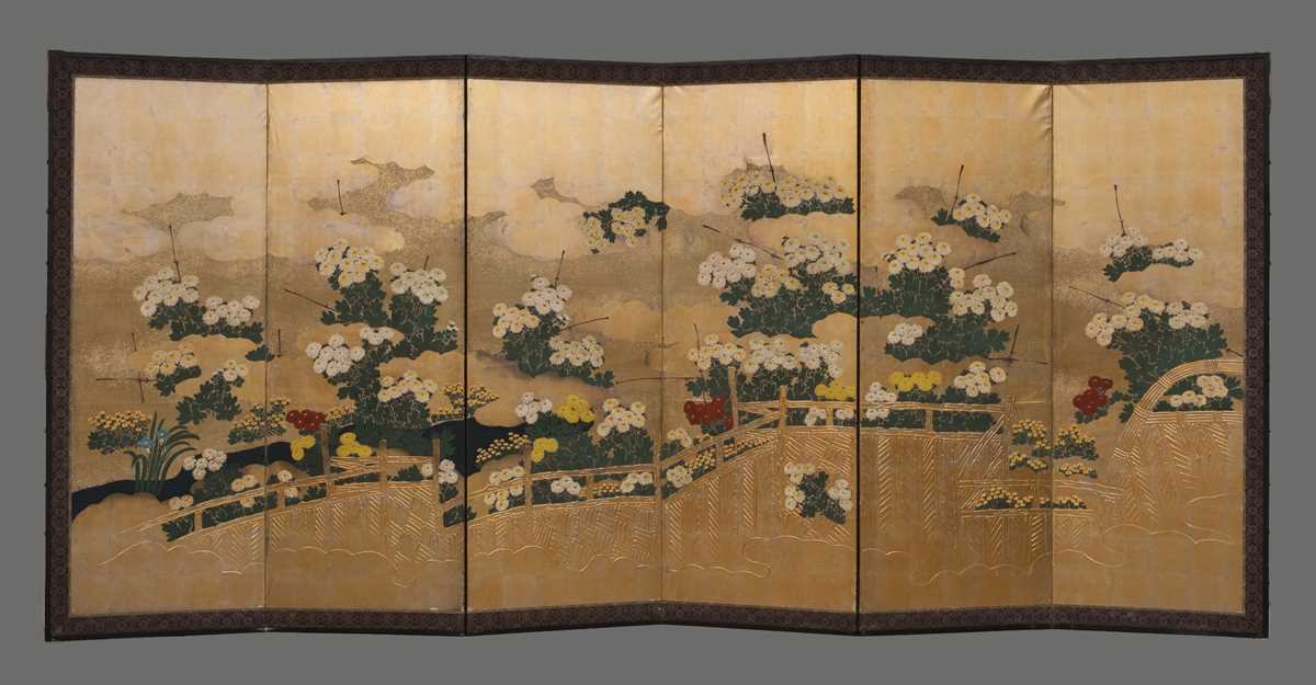 Lot 21 - A RINPA SCHOOL SIX-PANEL BYOBU (FOLDING SCREEN) DEPICTING A FLOWER GARDEN