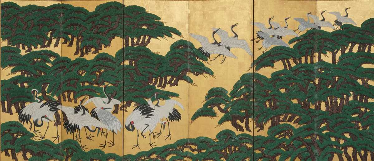 Lot 23 - A SIX-PANEL BYOBU (FOLDING SCREEN) DEPICTING CRANES AND PINE TREES