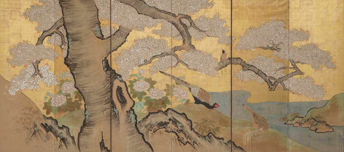 Lot 12 - A KANÔ SCHOOL SIX-PANEL BYOBU (FOLDING SCREEN) DEPICTING A SPRING LANDSCAPE